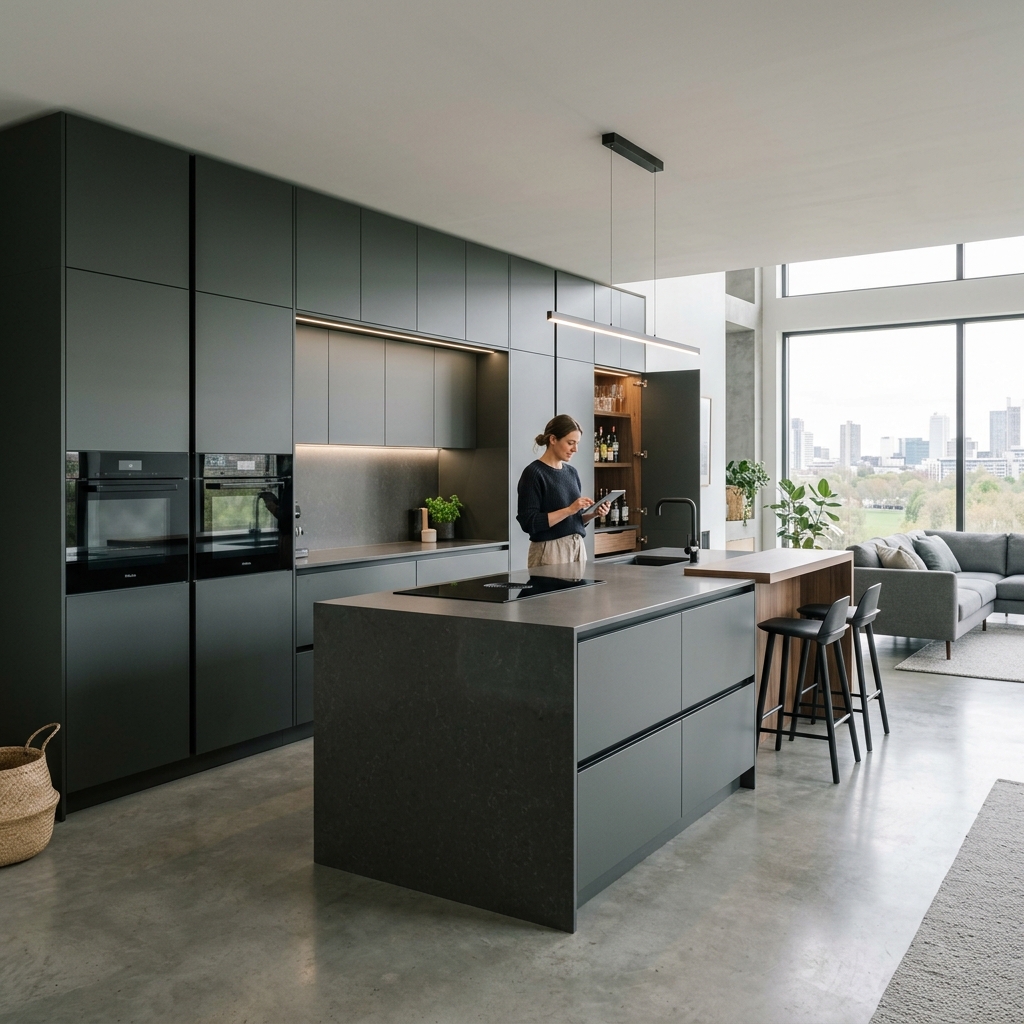 Cozinha integrada moderna com armazenamento oculto e design minimalista