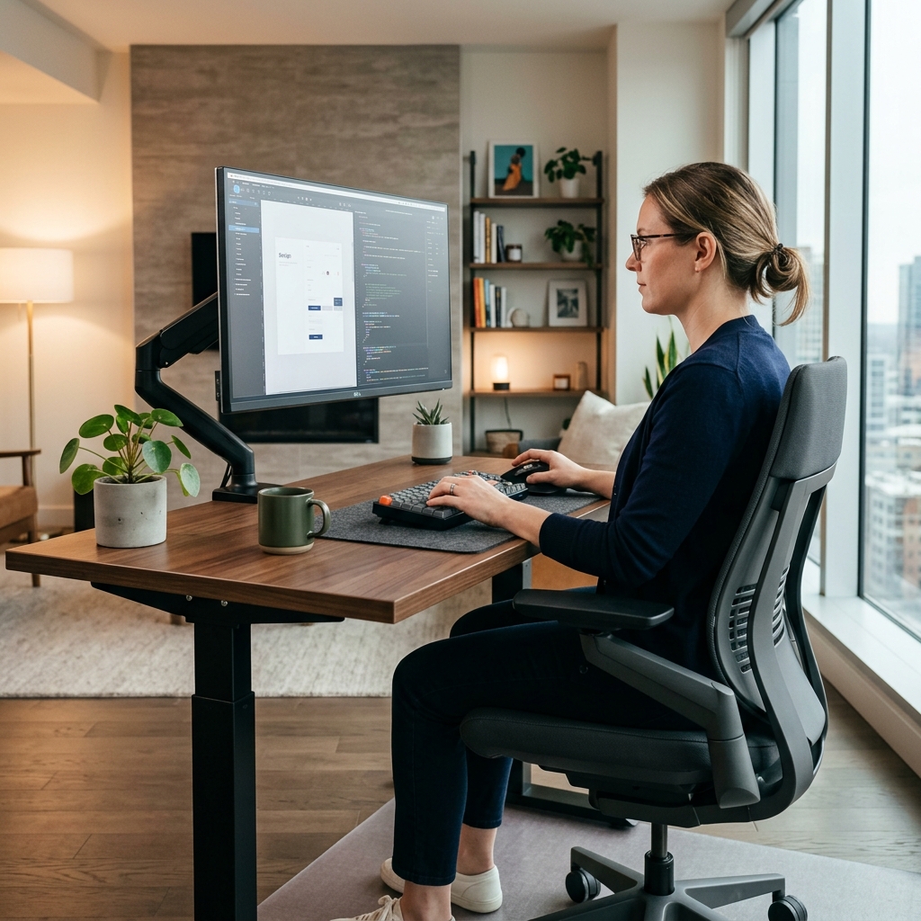 Home office com foco em ergonomia: cadeira ajustável e monitor na altura dos olhos