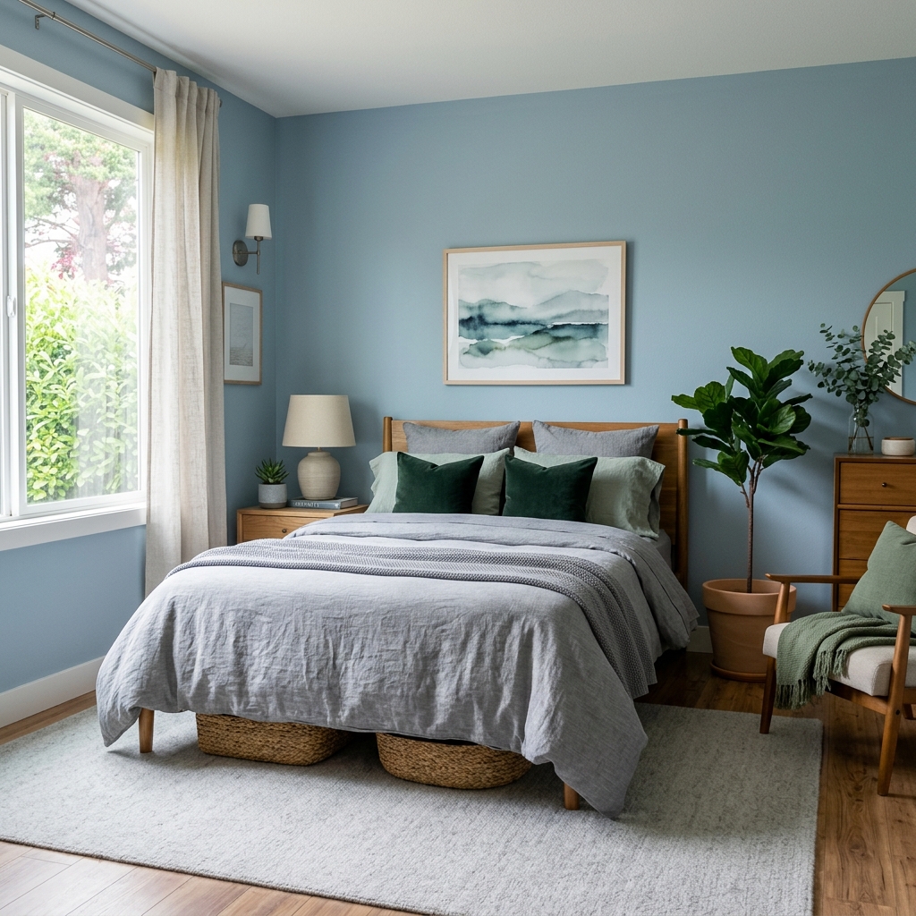 Quarto sereno e relaxante focado em tons frios, azuis suaves e verdes