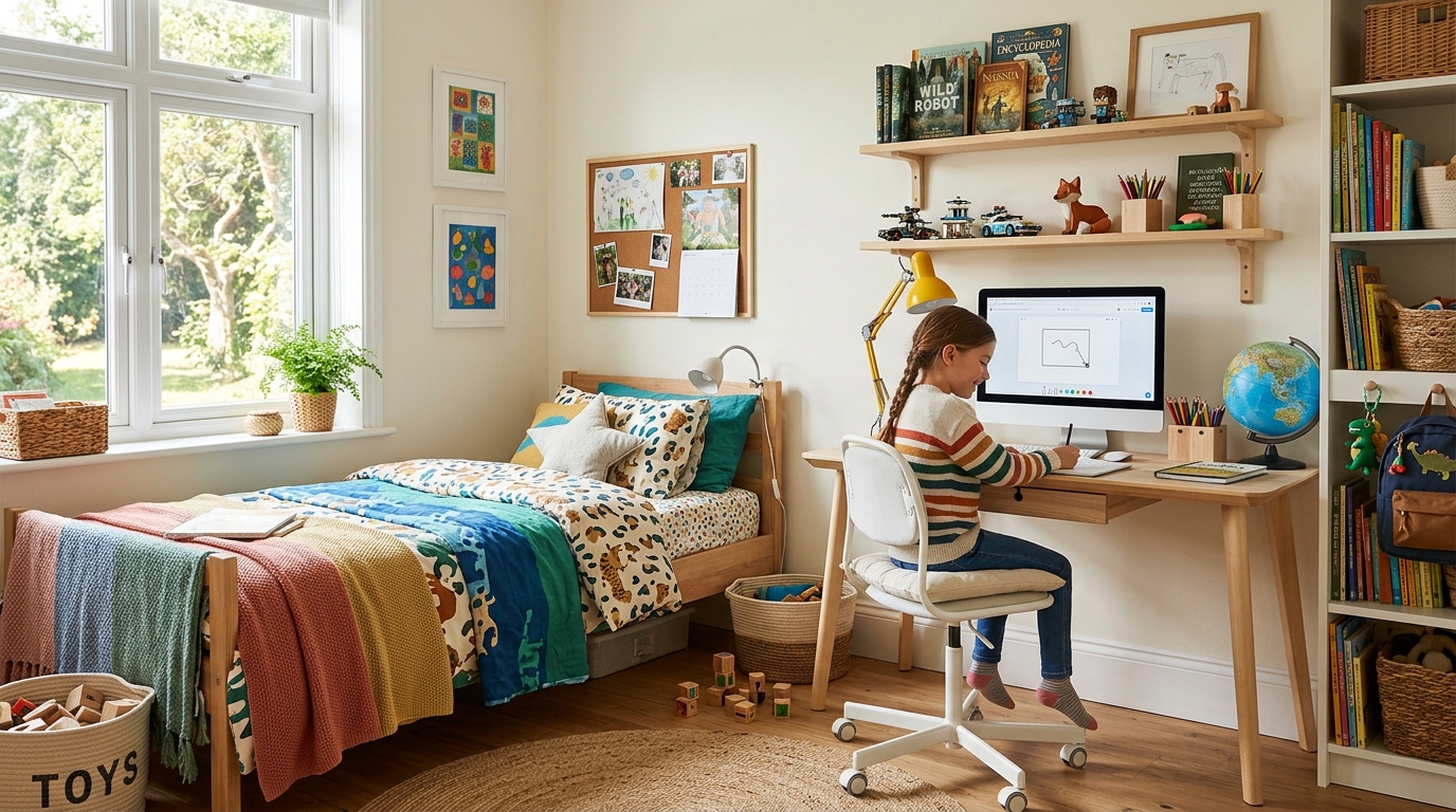 Mesa de estudos infantil ajustável e bem iluminada, integrada perfeitamente ao quarto