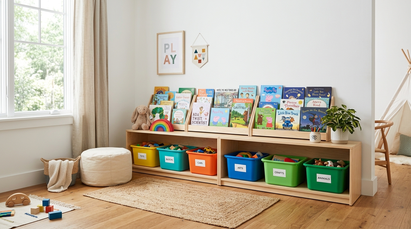Prateleiras baixas com caixas coloridas e livros, garantindo autonomia na organização