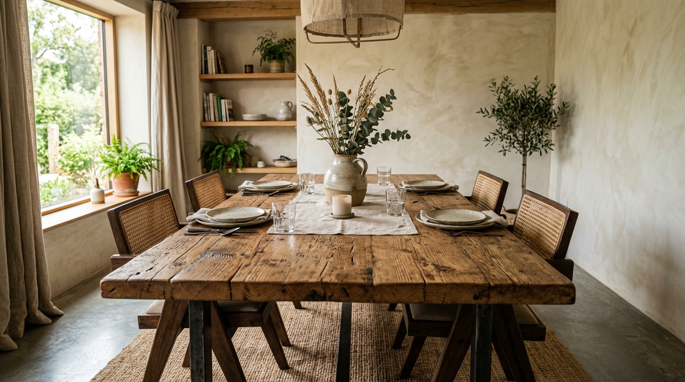 Mesa de jantar elegante feita a partir de madeira de demolição reaproveitada