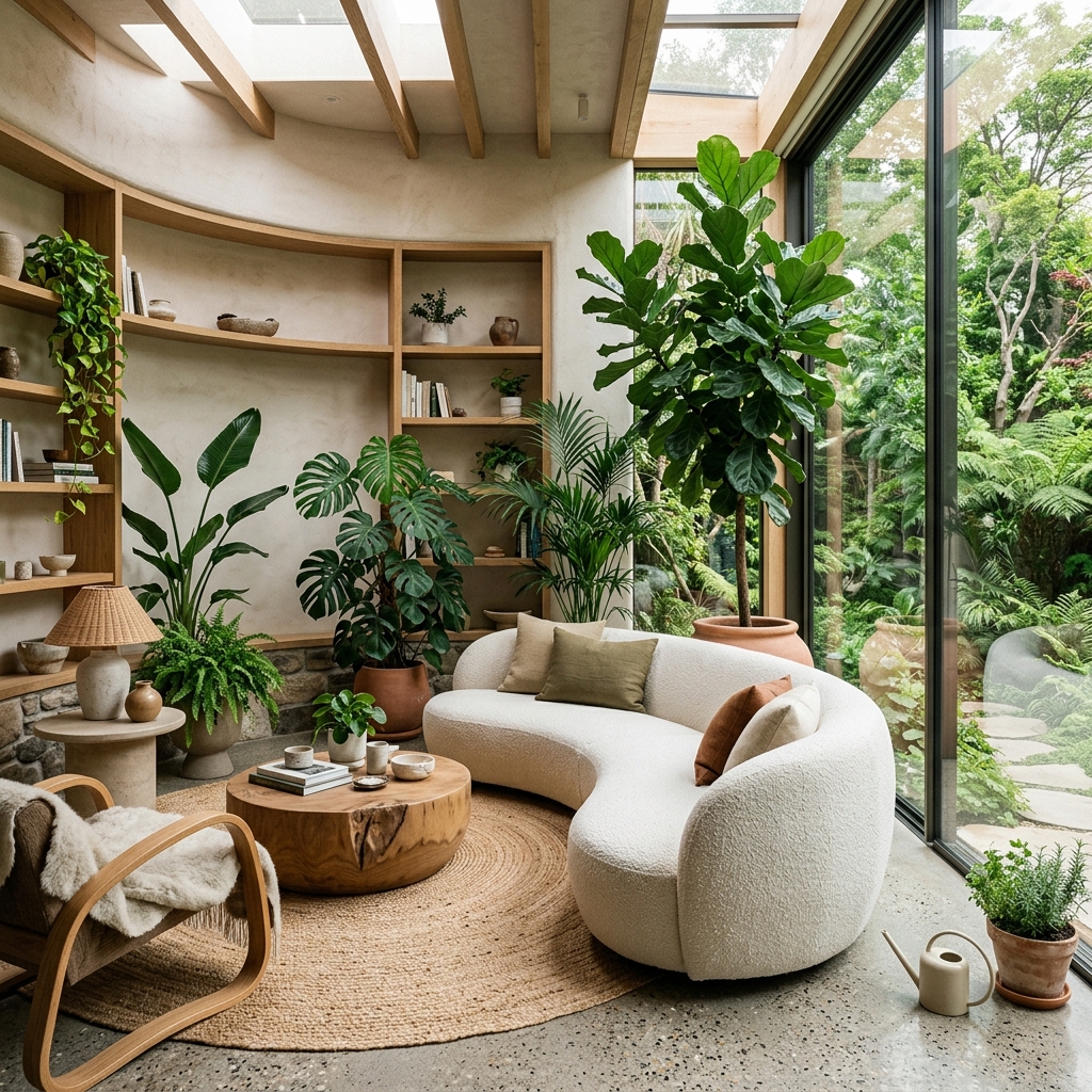 Sala de estar estilo orgânico e biofílico com sofá curvo e plantas grandes